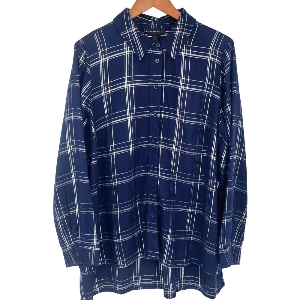 Lane Bryant Button Down Shirt Womens 14/16 Navy Blue Plaid Metallic No-Peek